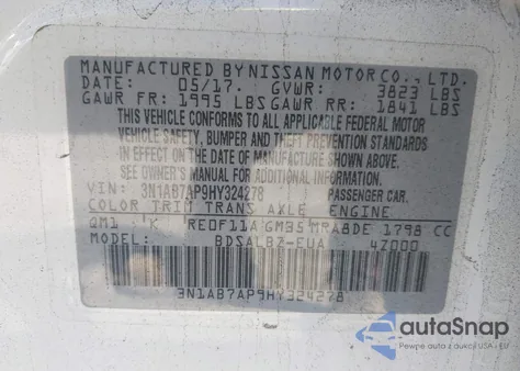 2017 Nissan Sentra S z USA, uszkodzony, nr VIN 3N1AB7AP9HY324278